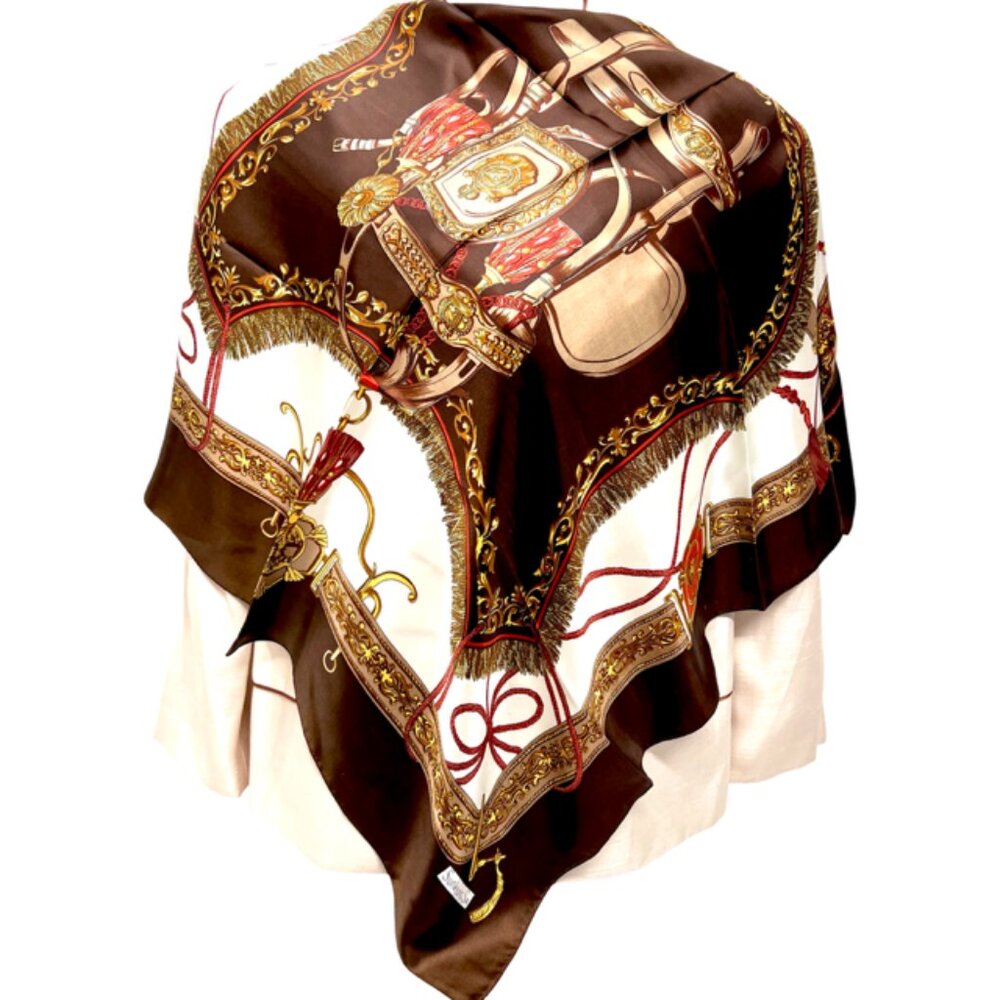Unused Sun Kyung Sa  Scarf  100% Silk Satin 35" Brown Ivery Horse Saddle  (60)
